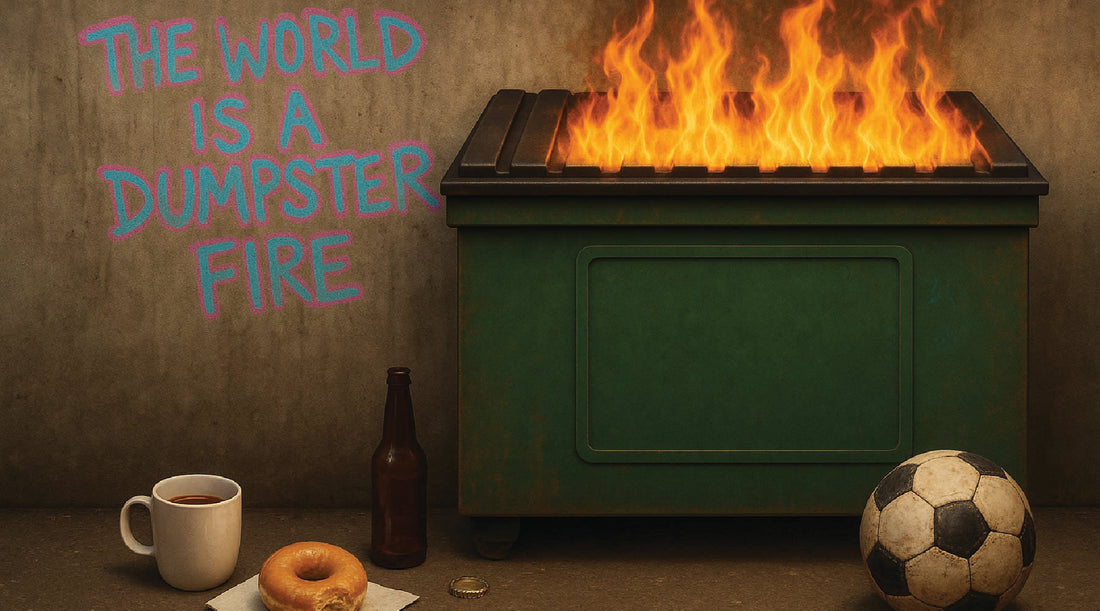 A Dumpster Fire surrounded by coffee, donut, beer bottle, and soccer ball with words in graffiti saying 'The World is a Dumpster Fire"