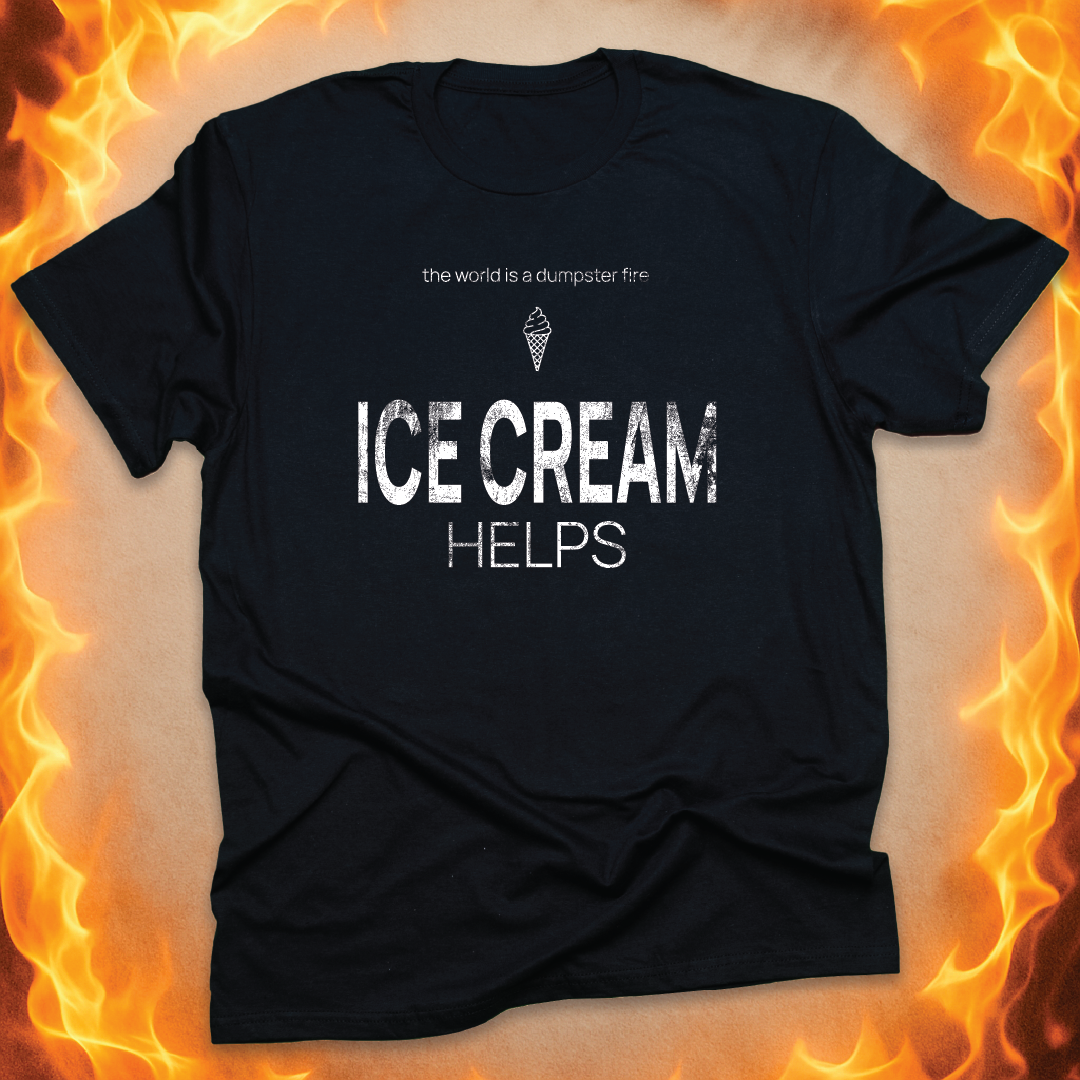 Minimalist line-art Ice Cream that says ‘ice cream helps’ on a black unisex t-shirt.
