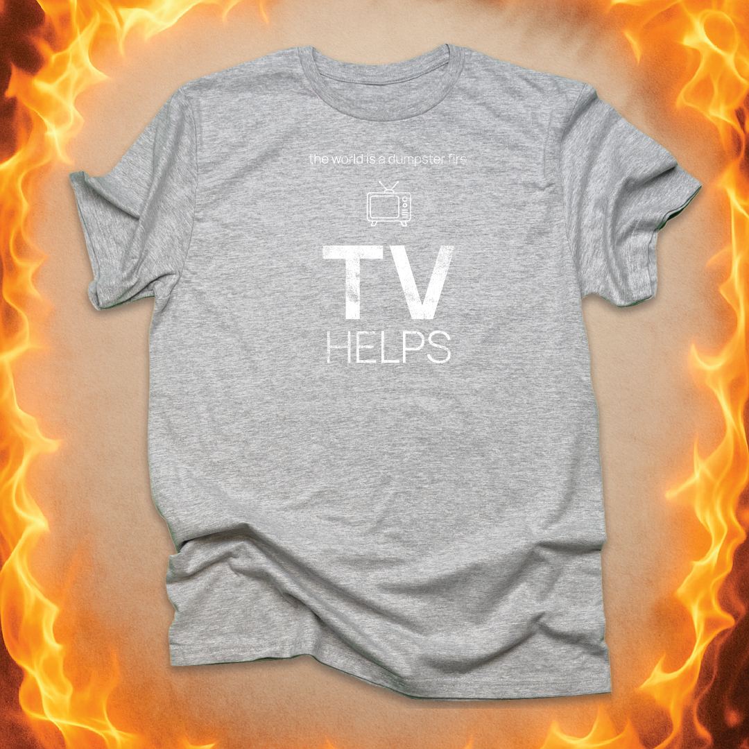 Minimalist line-art TV that says ‘TV helps’ on a grey unisex t-shirt.