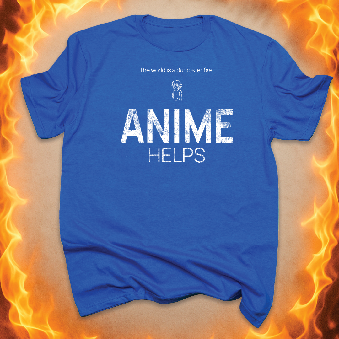 Minimalist line-art Anime Character that says ‘Anime helps’ on a blue unisex t-shirt.