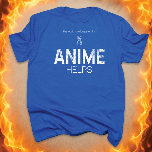 Minimalist line-art Anime Character that says ‘Anime helps’ on a blue unisex t-shirt.