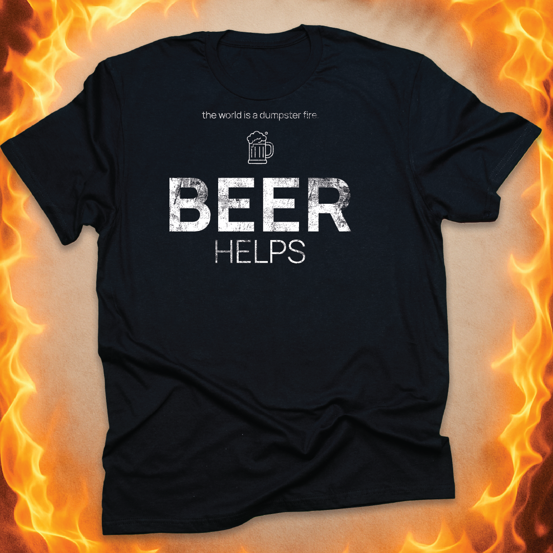 Minimalist line-art Beer Mug that says ‘Beer helps’ on a black unisex t-shirt.