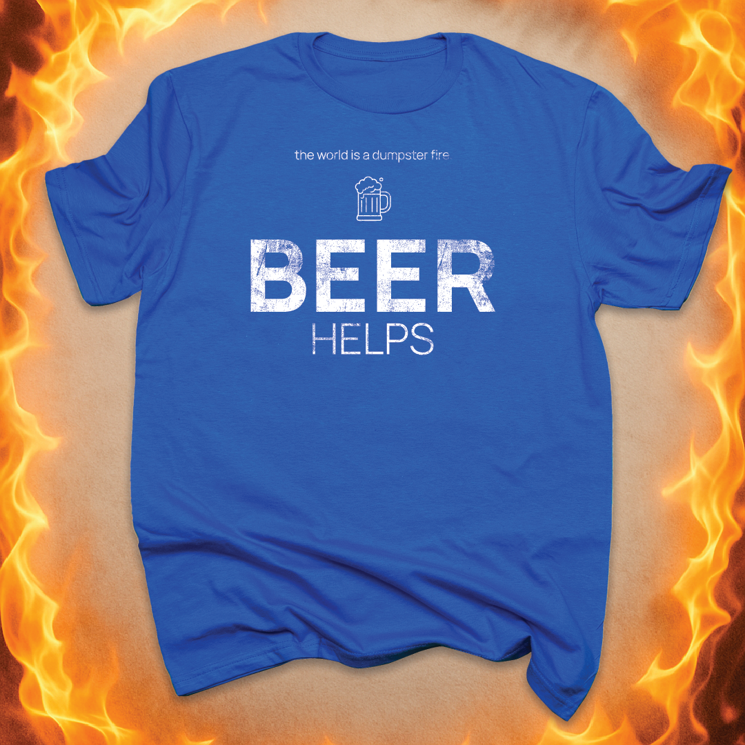 Minimalist line-art Beer Mug that says ‘Beer helps’ on a blue unisex t-shirt.