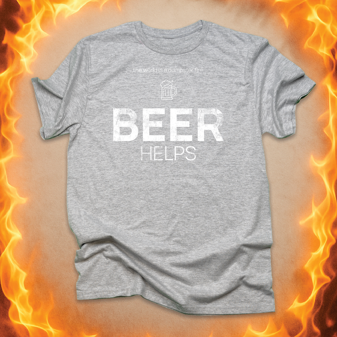 Minimalist line-art Beer Mug that says ‘Beer helps’ on a grey unisex t-shirt.