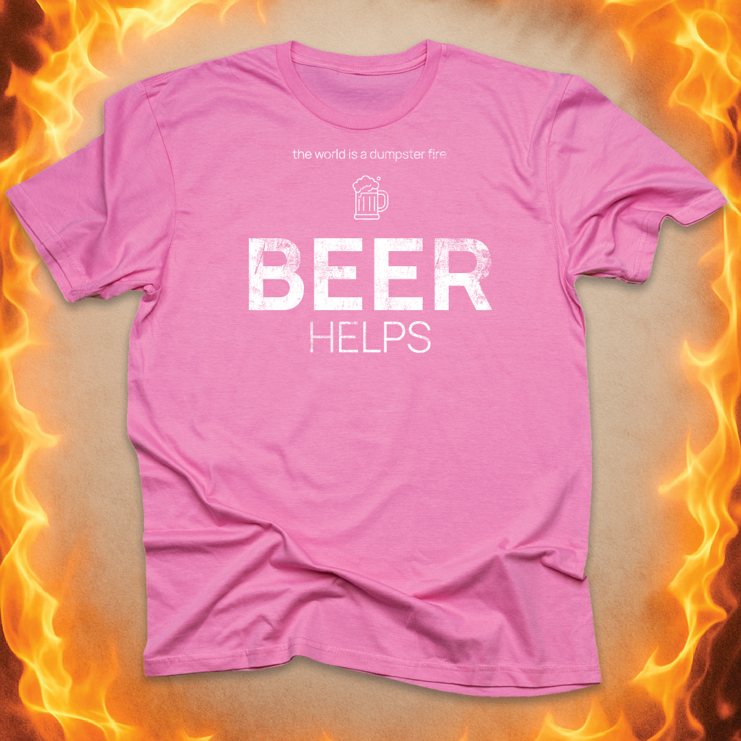 Minimalist line-art Beer Mug that says ‘Beer helps’ on a pink unisex t-shirt.