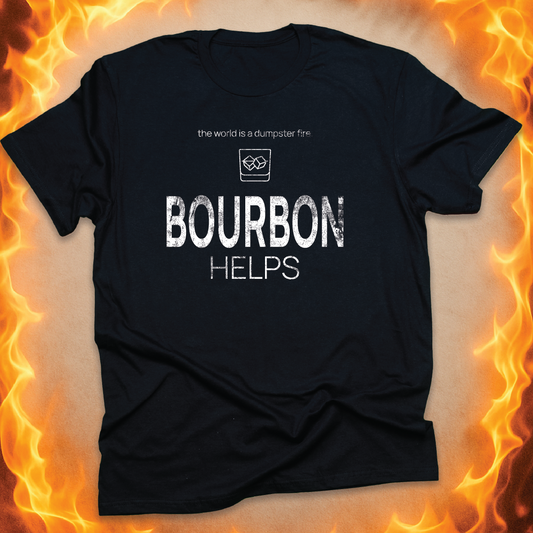 Minimalist line-art Bourbon Glass that says ‘Bourbon helps’ on a black unisex t-shirt.