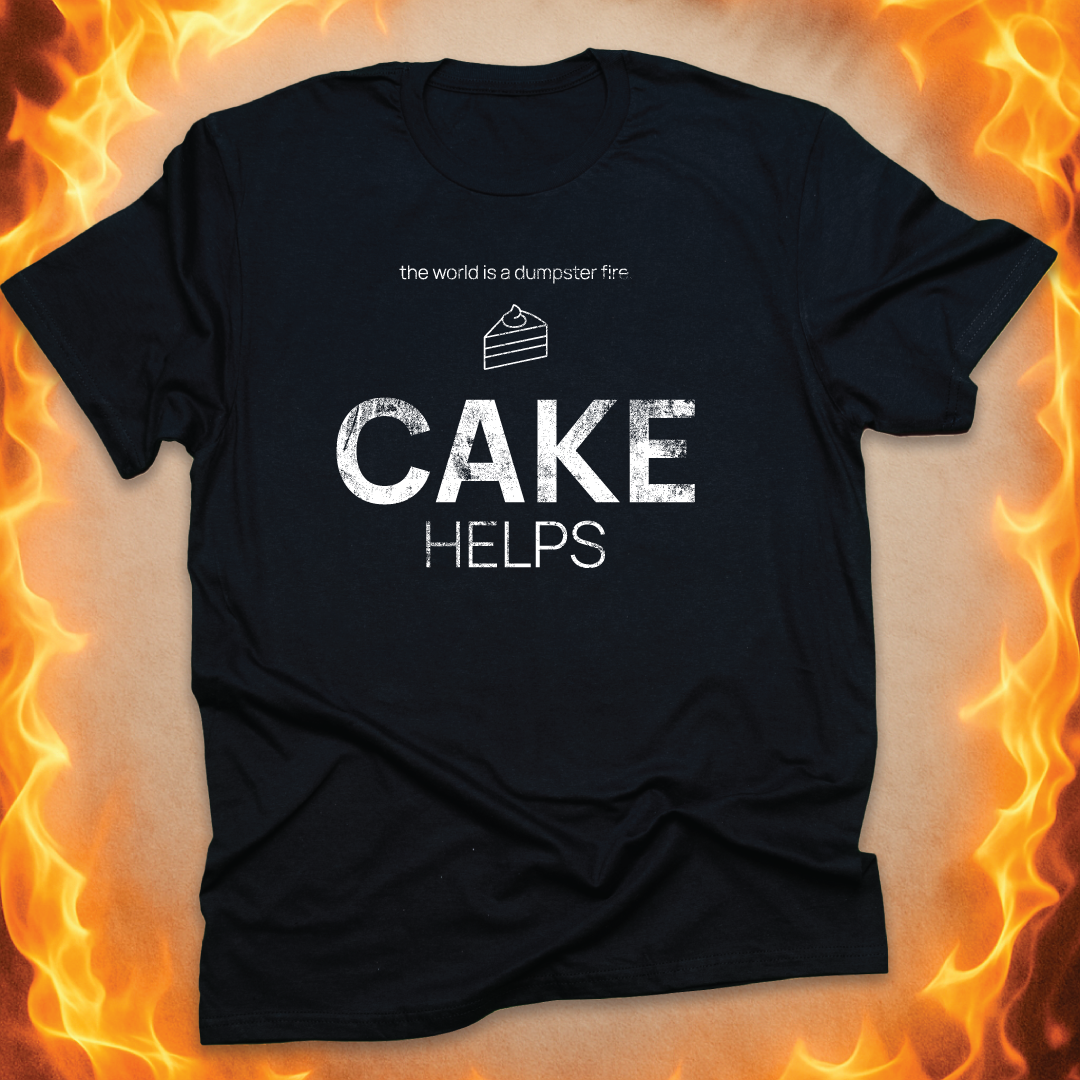 Minimalist line-art cake that says ‘CAKE helps’ on a black unisex t-shirt.