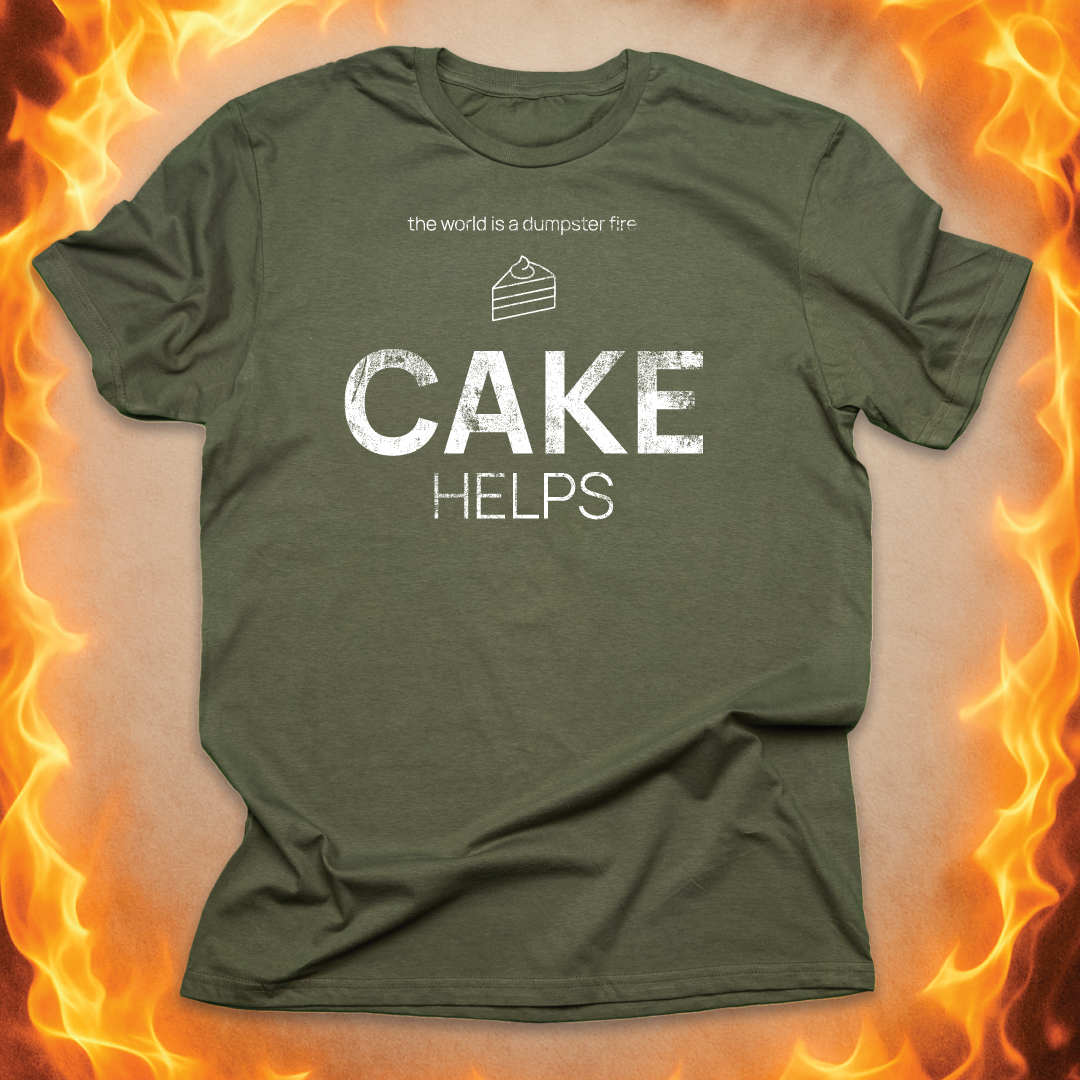 Minimalist line-art cake that says ‘CAKE helps’ on a military green unisex t-shirt.