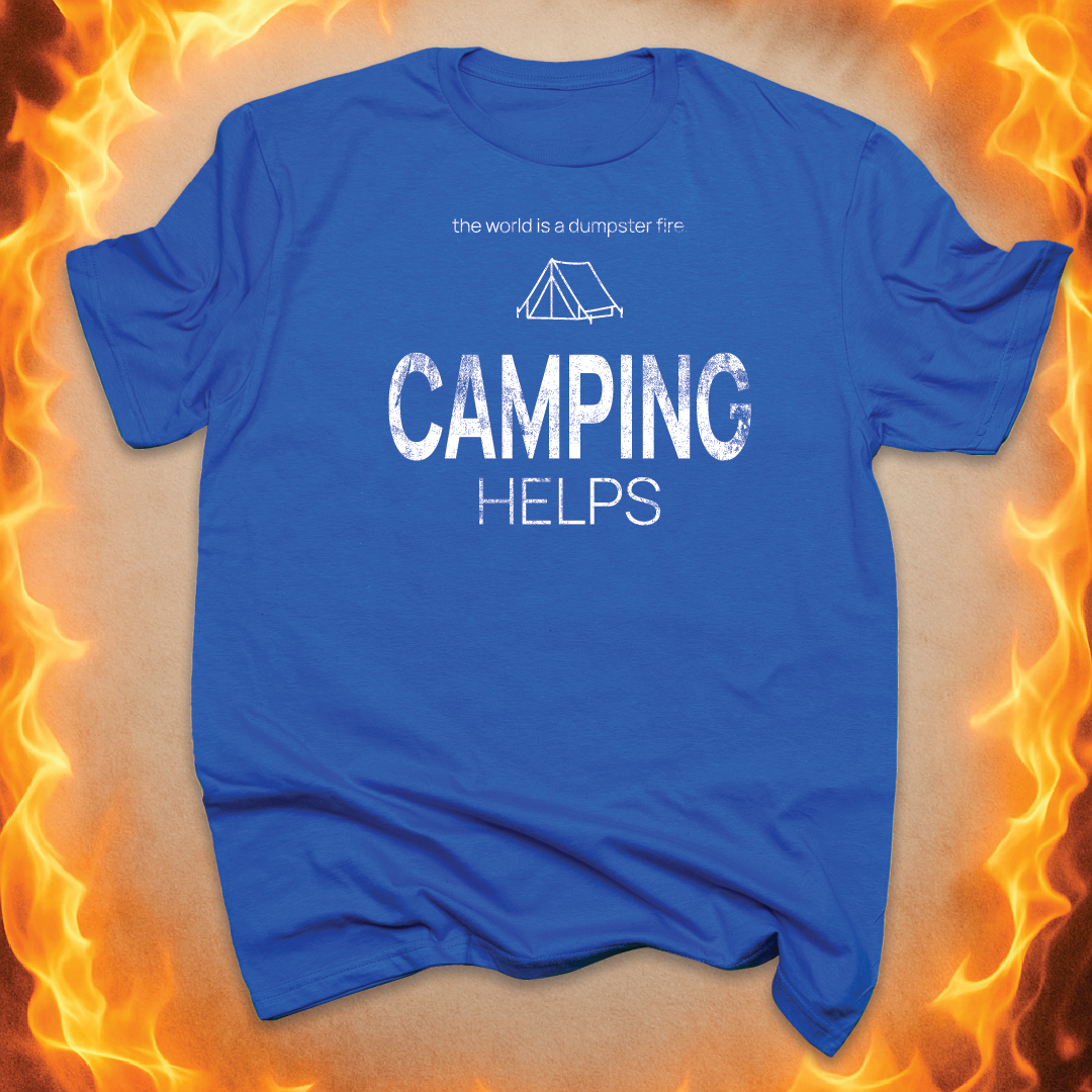Minimalist line-art tent that says ‘CAMPING helps’ on a blue unisex t-shirt.