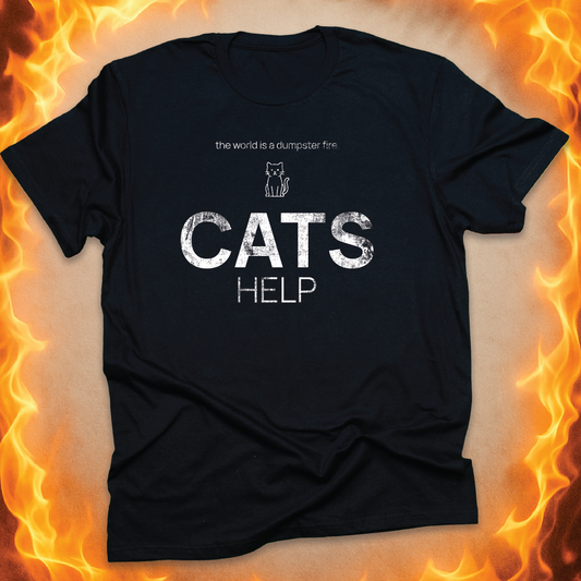 Minimalist line-art cat that says ‘CATS HELP’ on a black unisex t-shirt.