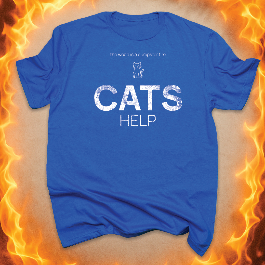 Minimalist line-art cat that says ‘CATS HELP’ on a blue unisex t-shirt.