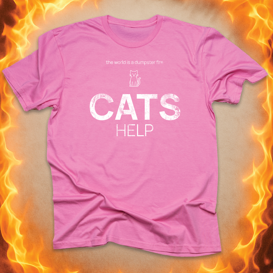 Minimalist line-art cat that says ‘CATS HELP’ on a pink unisex t-shirt.