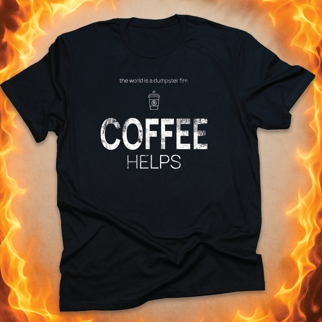 Minimalist line-art coffee cup that says ‘COFFEE helps’ on a black unisex t-shirt.