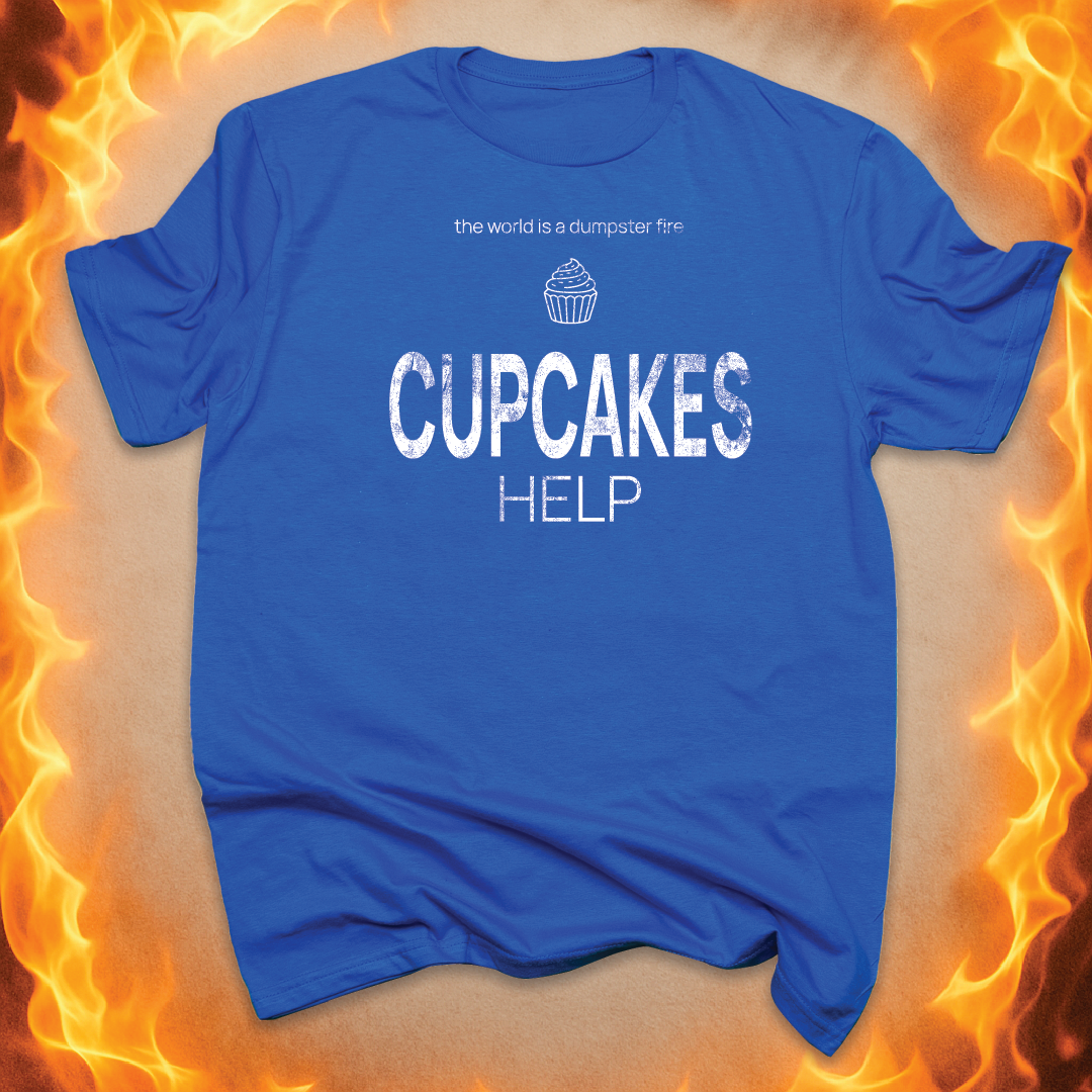 Minimalist line-art cupcakes that says ‘cupcakes help’ on a blue unisex t-shirt.