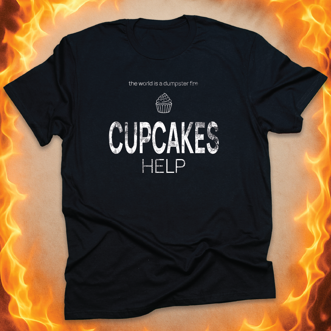 Minimalist line-art cupcakes that says ‘cupcakes help’ on a black unisex t-shirt.