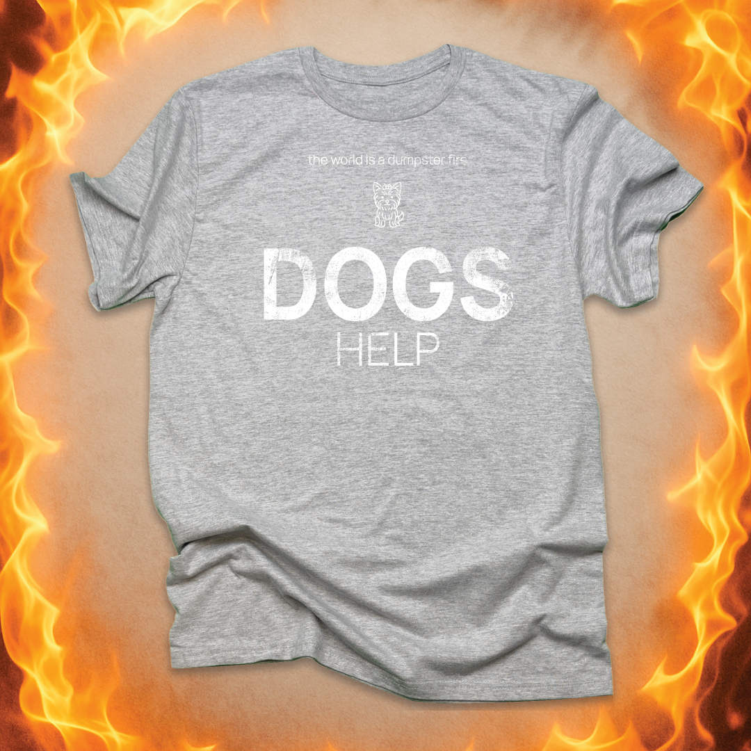 Minimalist line-art dog that says ‘DOGS HELP’ on a grey unisex t-shirt.