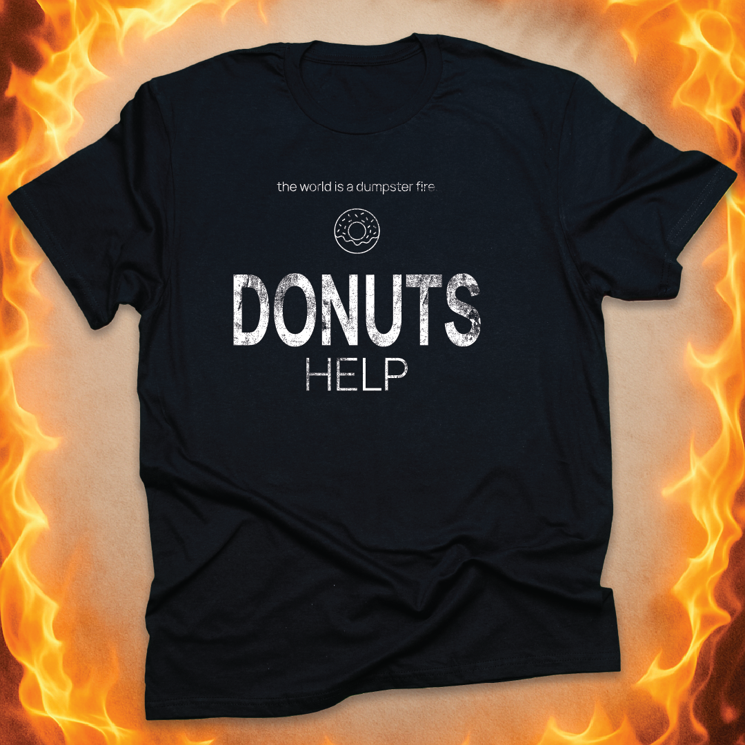Minimalist line-art donut that says ‘DONUTS HELP’ on a black unisex t-shirt.