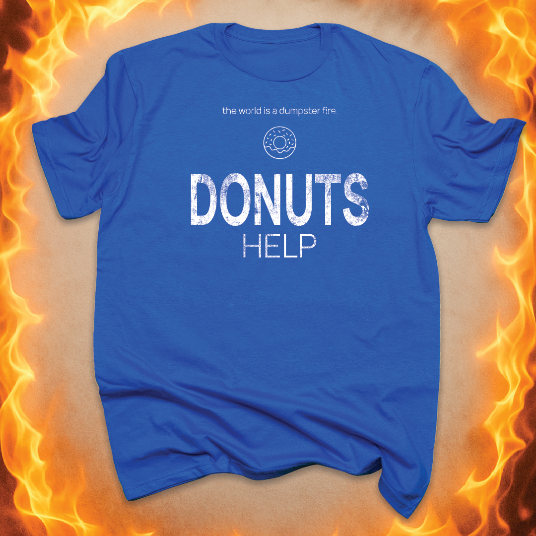 Minimalist line-art donut that says ‘DONUTS HELP’ on a blue unisex t-shirt.