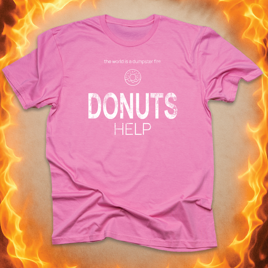 Minimalist line-art donut that says ‘DONUTS HELP’ on a pink unisex t-shirt.