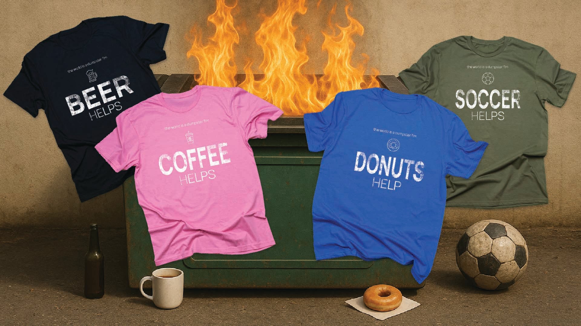 Dumpster with flames on top against a textured wall, with a donut, coffee mug, beer bottle, and soccer ball on the ground.