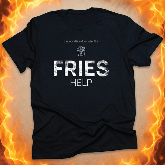 Minimalist line-art fries that says ‘Fries help’ on a black unisex t-shirt.