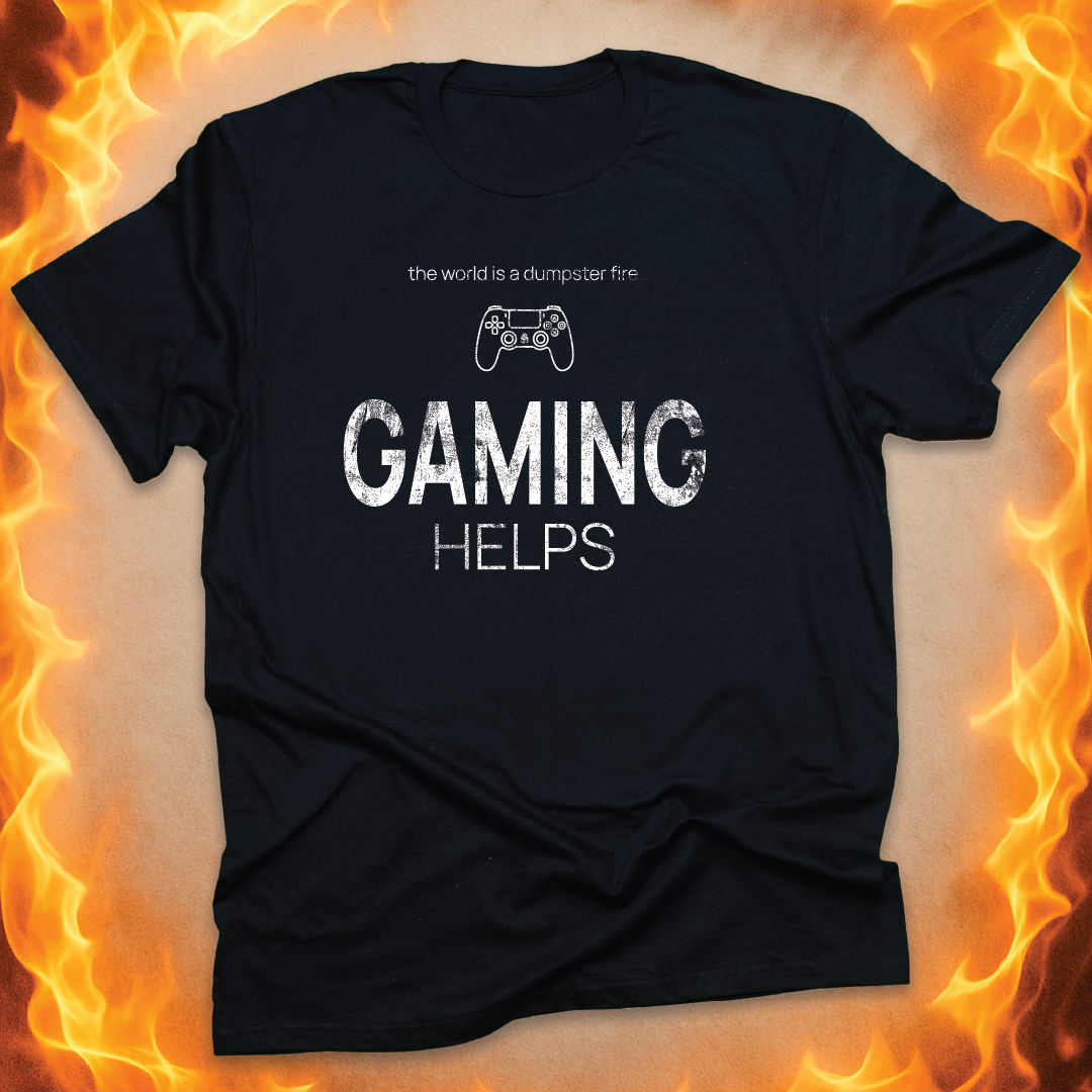 Minimalist line-art gaming controller that says ‘GAMING helps’ on a black unisex t-shirt.