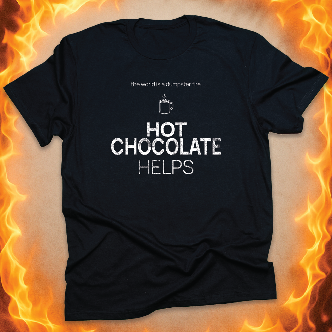 Minimalist line-art Hot Chocolate that says ‘hot chocolate helps’ on a black unisex t-shirt.