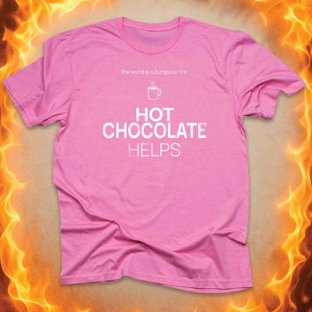 Minimalist line-art Hot Chocolate that says ‘hot chocolate helps’ on a pink unisex t-shirt.