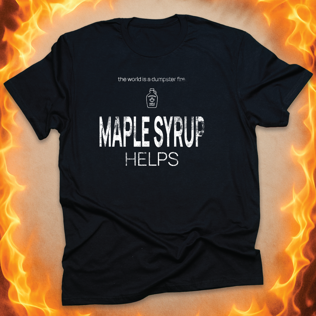 Minimalist line-art maple syrup bottle that says ‘MAPLE SYRUP helps’ on a black unisex t-shirt.
