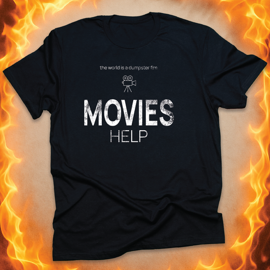 Minimalist line-art movie camera that says ‘MOVIES HELP’ on a black unisex t-shirt.