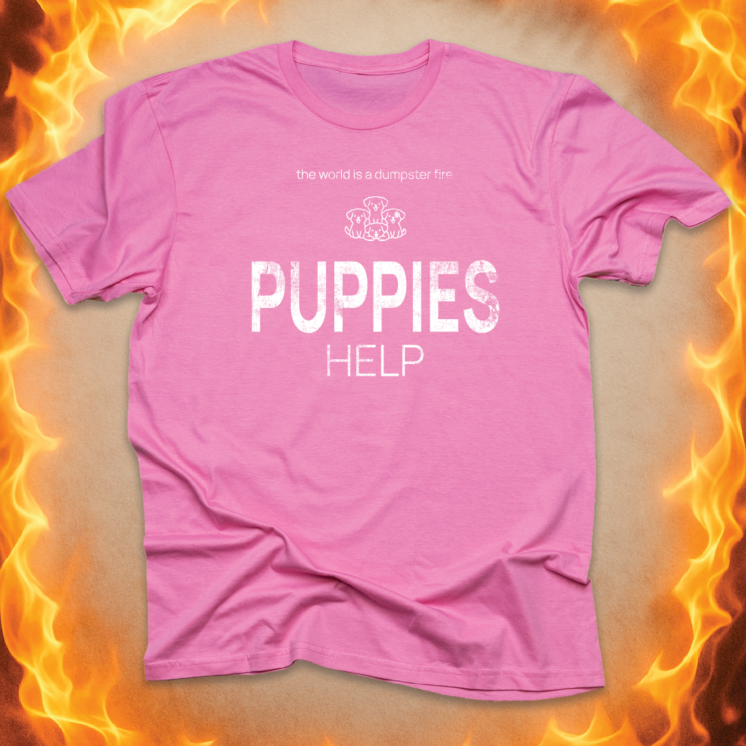 Minimalist line-art puppies that says ‘puppies help’ on a pink unisex t-shirt.