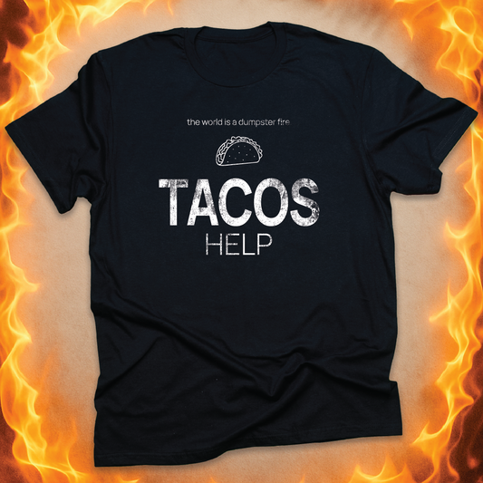 Minimalist line-art taco that says ‘TACOS HELP’ on a black unisex t-shirt.
