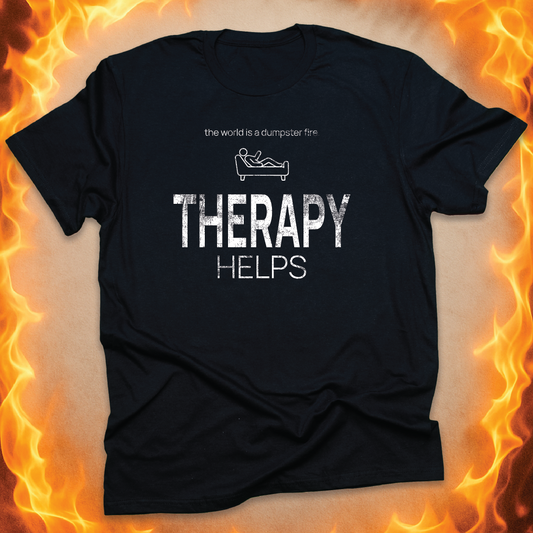 Minimalist line-art on the couch that says ‘THERAPY helps’ on a black unisex t-shirt.