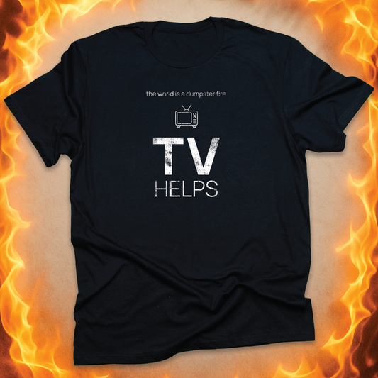 Minimalist line-art TV that says ‘TV helps’ on a black unisex t-shirt.