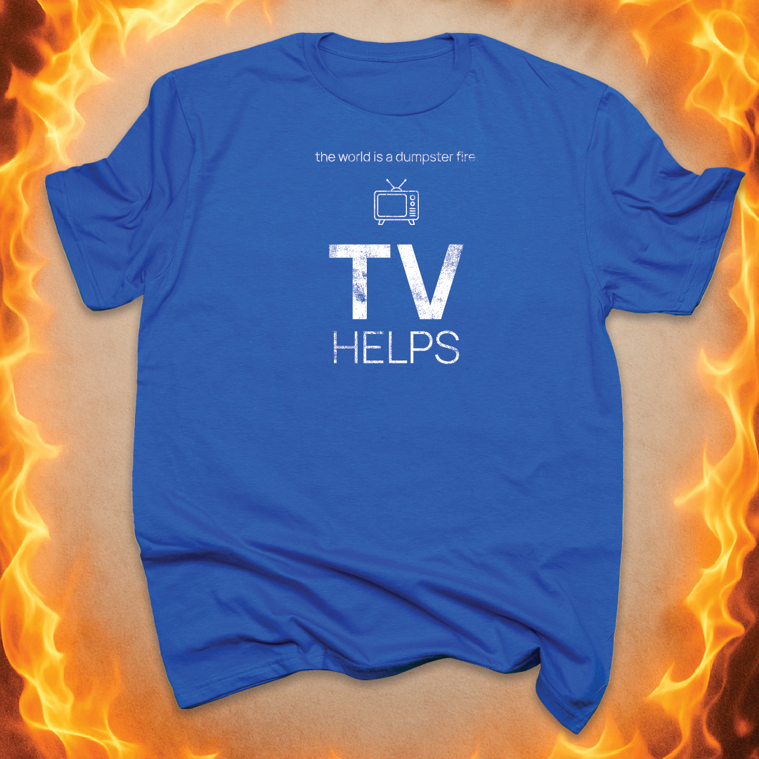Minimalist line-art TV that says ‘TV helps’ on a blue unisex t-shirt.