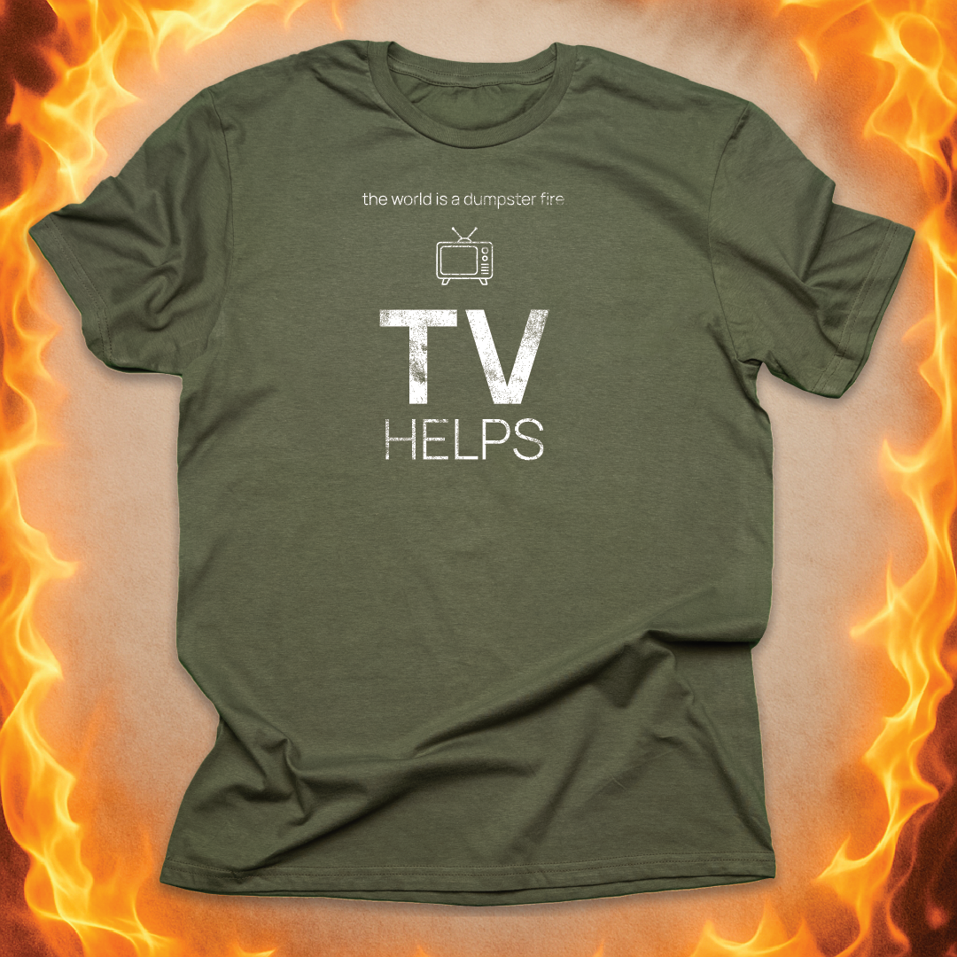 Minimalist line-art TV that says ‘TV helps’ on a military green unisex t-shirt.
