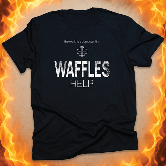 Minimalist line-art waffle that says ‘WAFFLES HELP’ on a black unisex t-shirt.
